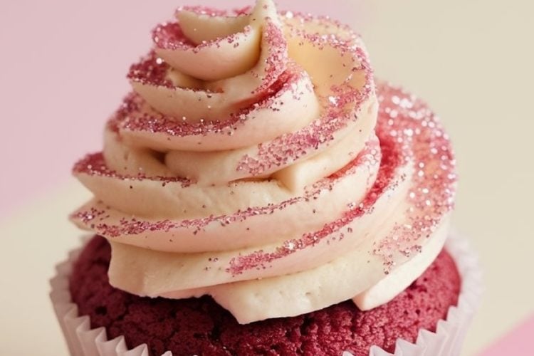 Close-up of a pink velvet cupcake with swirled vanilla frosting, sprinkled with pink sugar crystals for a sparkling finish. The soft pastel background complements the cupcake. Text overlay reads “Pink Velvet Cupcakes with Vanilla Frosting.”