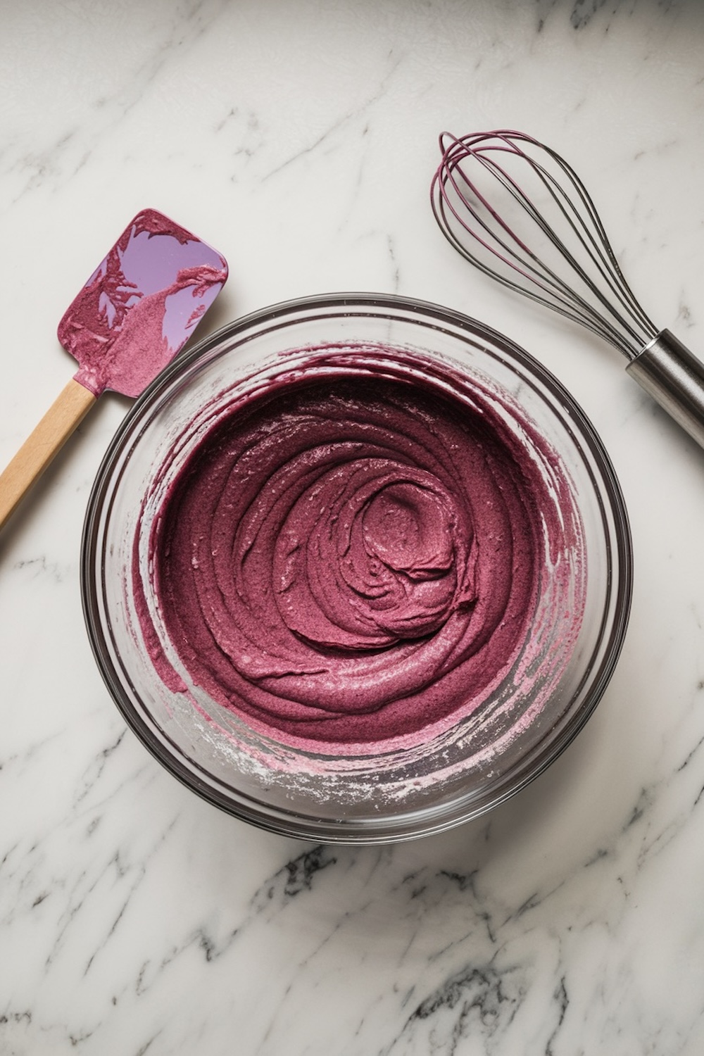 Bowl of vibrant pink velvet batter, smooth and ready to be poured into molds. A whisk and spatula coated with batter are placed nearby on a marble countertop.
