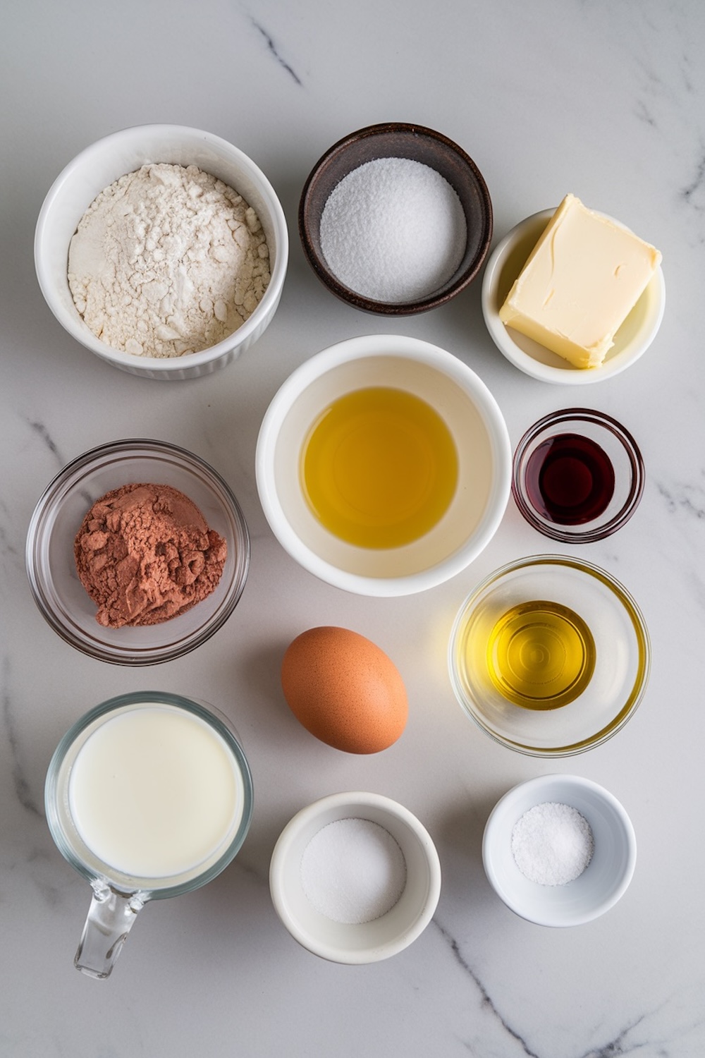 Flat lay of ingredients for pink velvet cupcakes, including flour, sugar, butter, cocoa powder, egg, milk, vanilla extract, and oil. The setup is arranged neatly on a white marble surface.