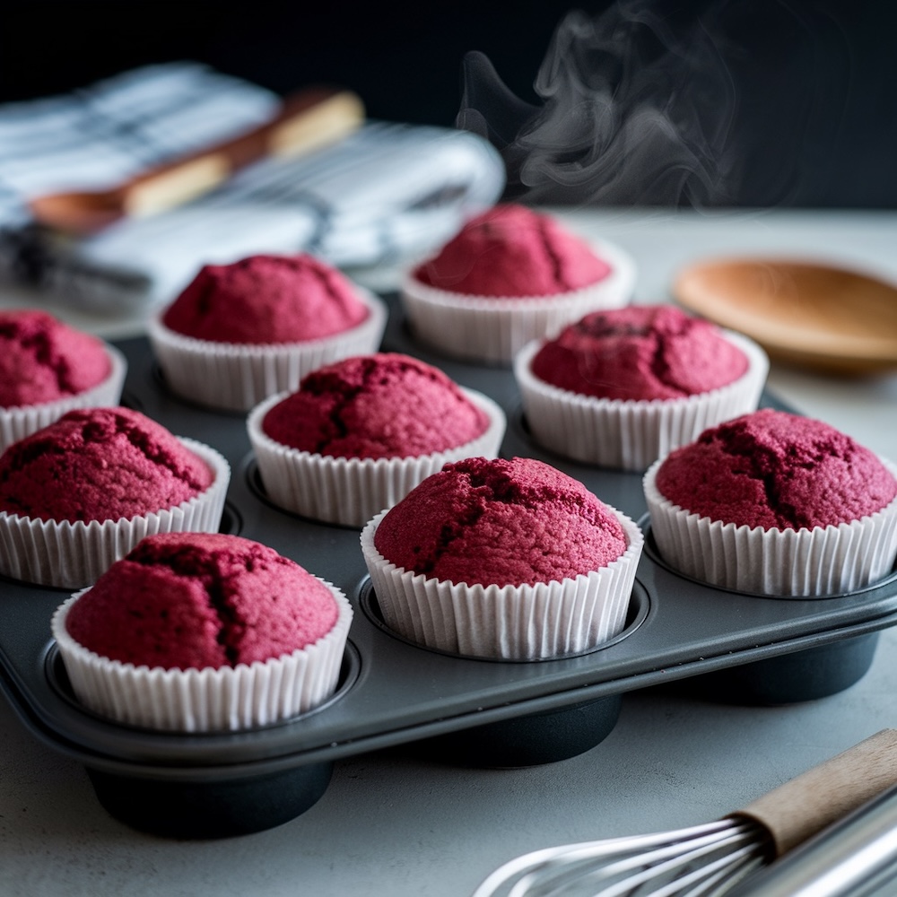 Freshly baked pink velvet cupcakes cooling in a muffin tray, steam visibly rising. The rich, deep pink color of the cupcakes contrasts with the white cupcake liners. A whisk and cloth napkin are visible in the background.