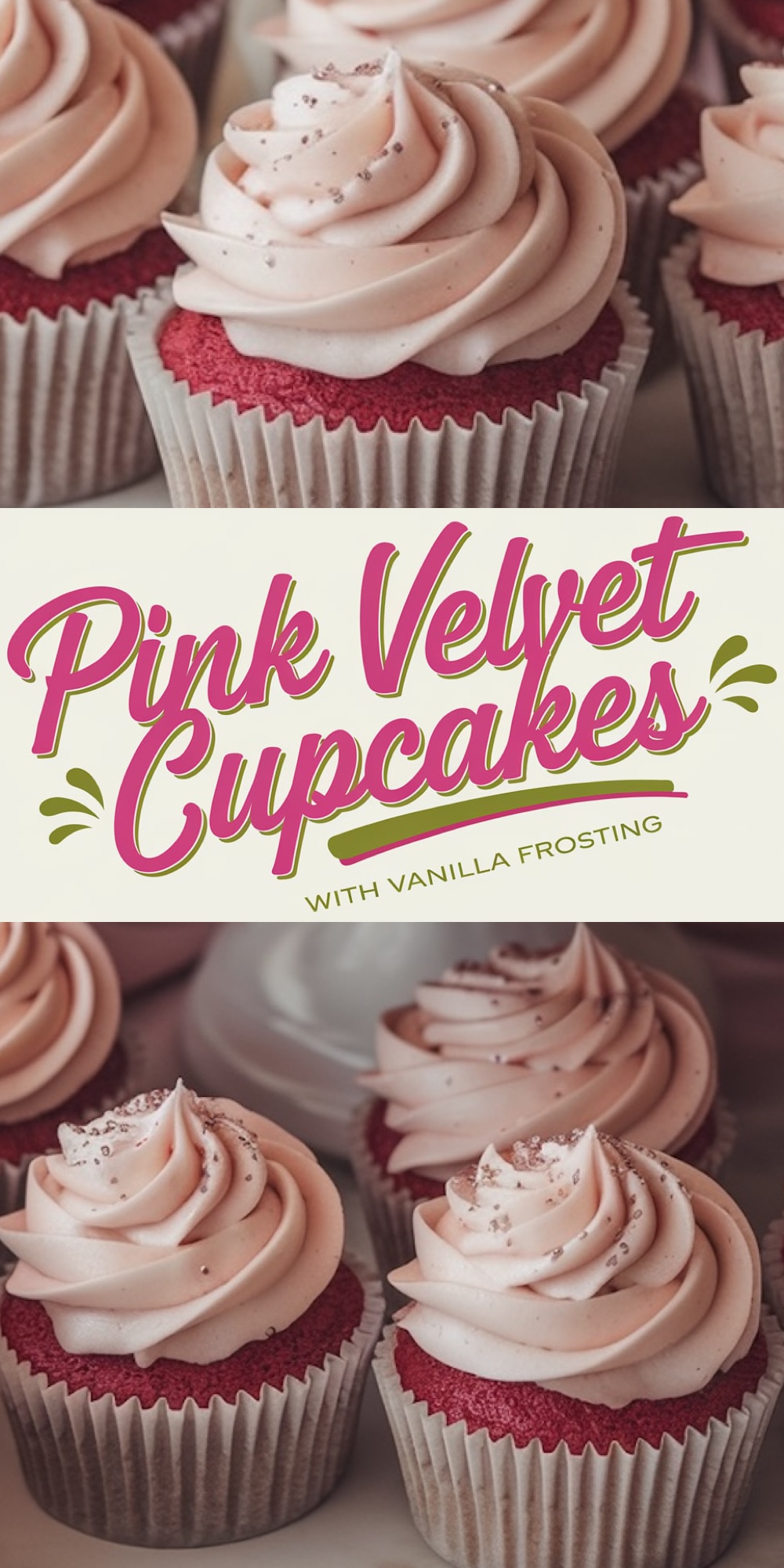 	Collage featuring multiple pink velvet cupcakes topped with delicate swirls of light pink vanilla frosting and dusted with edible glitter. Text overlay reads “Pink Velvet Cupcakes with Vanilla Frosting” in playful pink and green lettering.