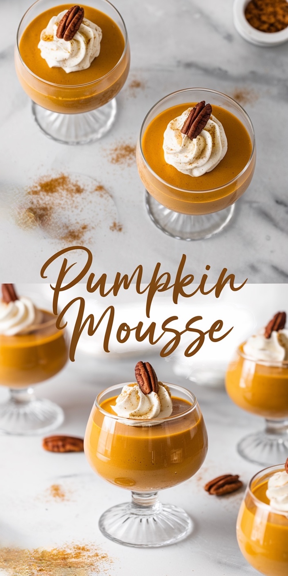 A collage featuring creamy pumpkin mousse served in elegant glass goblets. Each portion is topped with a swirl of whipped cream, a sprinkle of cinnamon, and a whole pecan for garnish. A classic fall dessert often featured in cozy pumpkin mousse recipes for Thanksgiving or autumn gatherings.