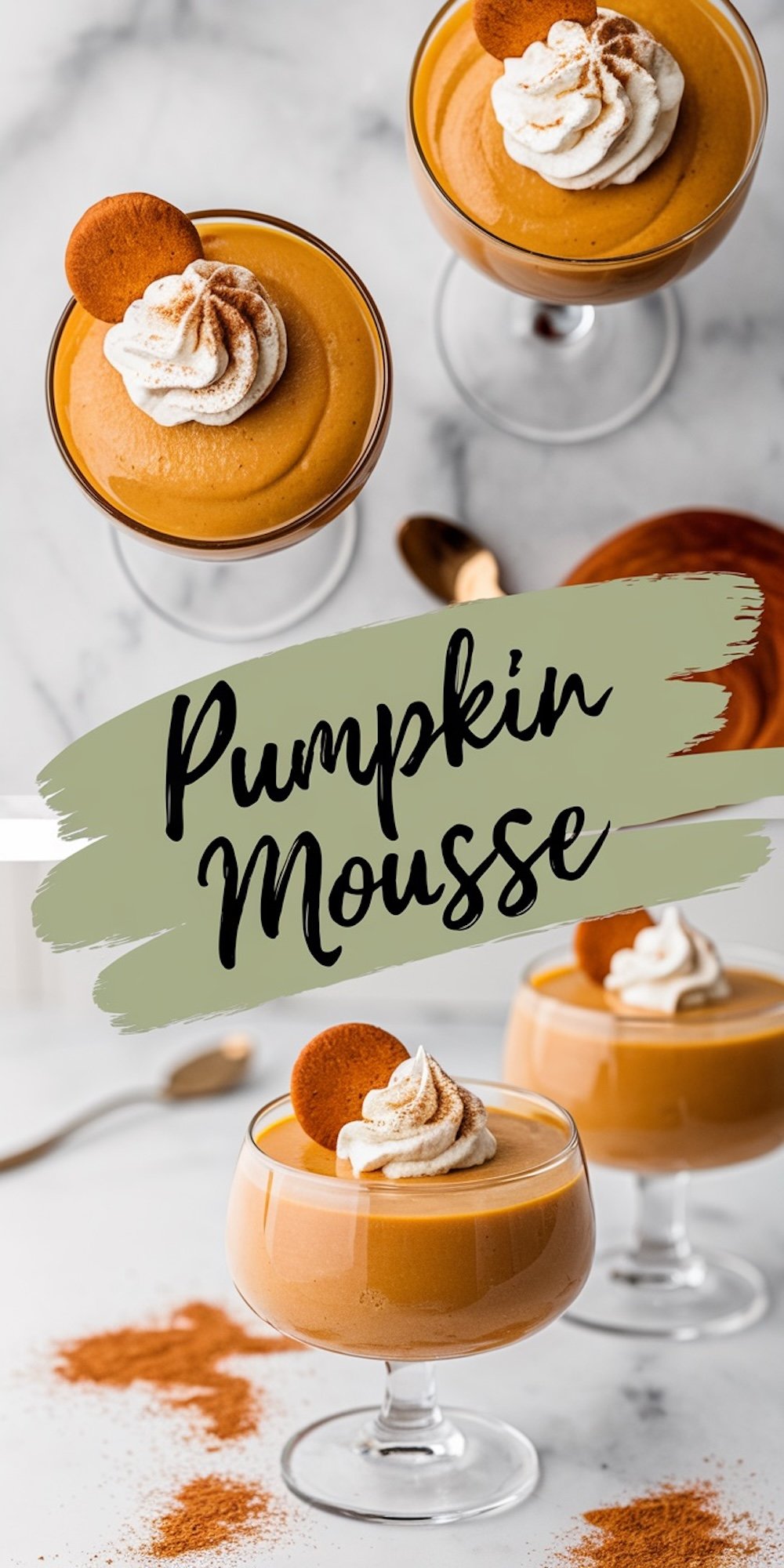 Pumpkin mousse served in glass dessert bowls, topped with whipped cream, a dusting of cinnamon, and a gingersnap cookie. The composition includes a marble background with cinnamon powder scattered artistically. Text overlay says “Pumpkin Mousse” in bold lettering.