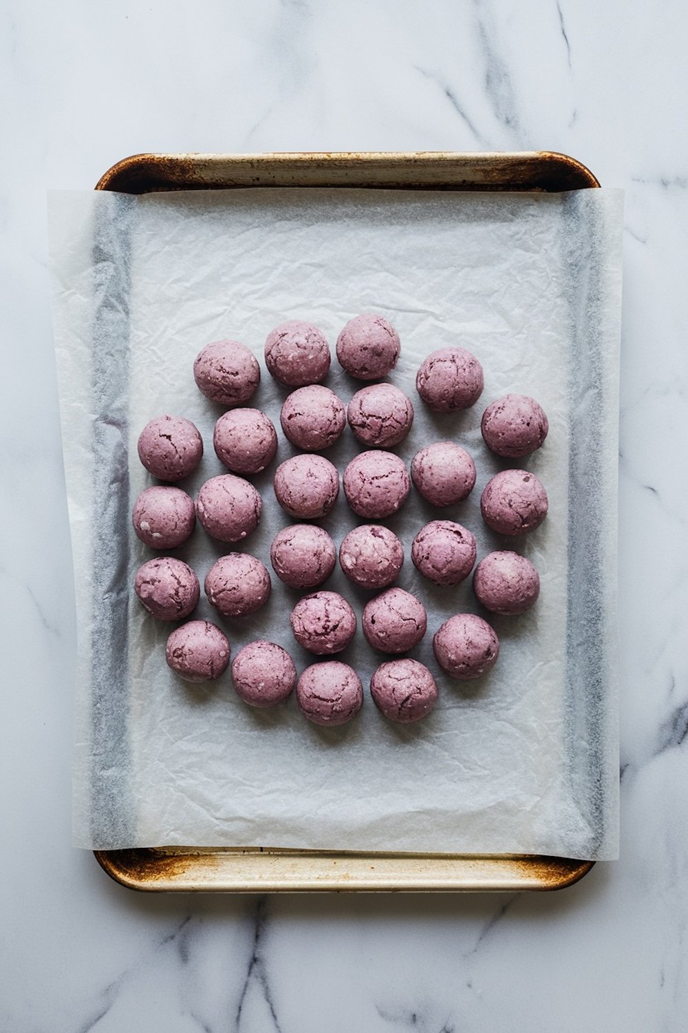A baking tray filled with unbaked purple cookie dough balls, arranged in neat rows on parchment paper. The dough has a smooth texture and a deep purple hue, ready to be baked. The tray rests on a marble countertop.