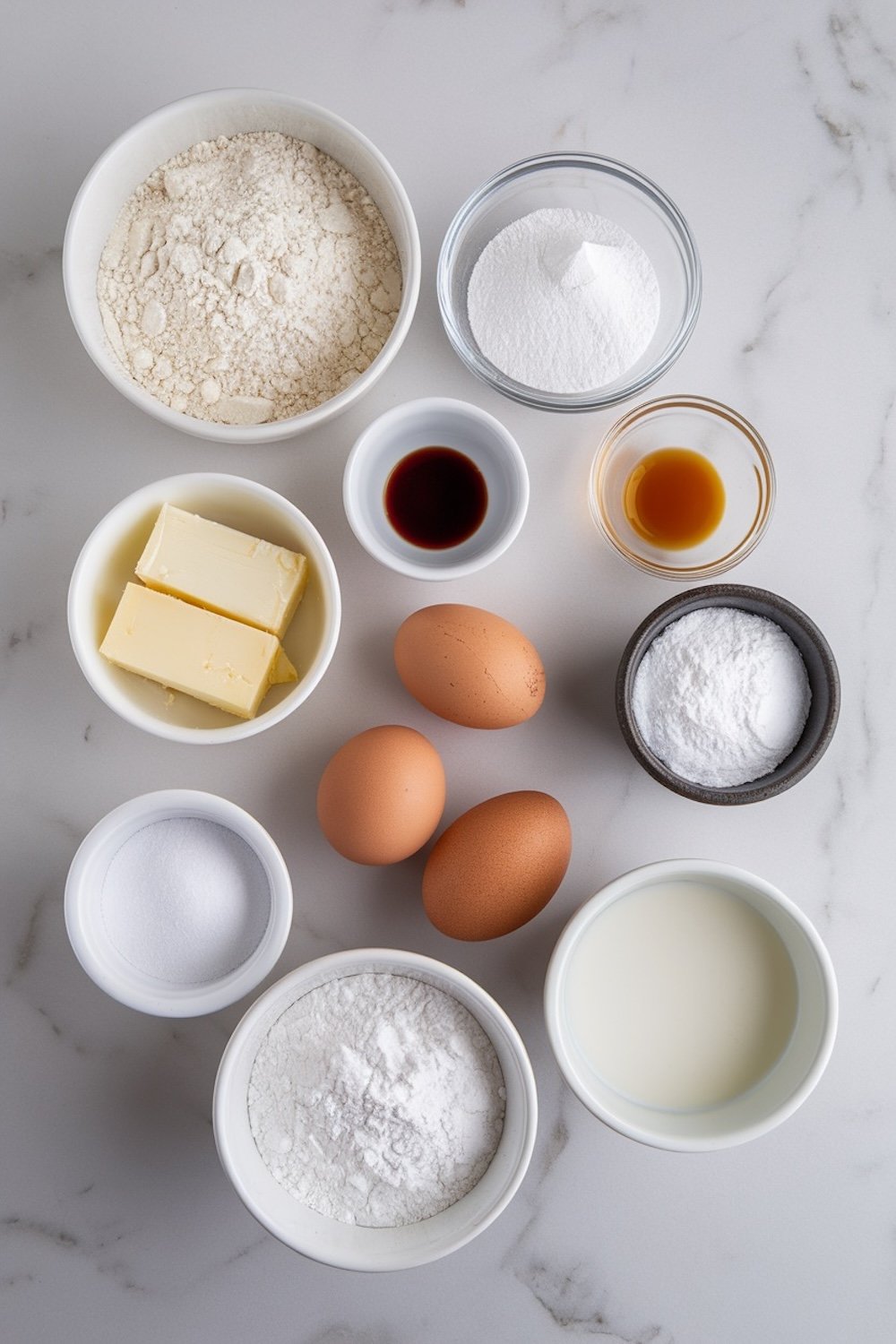 A flat lay of baking ingredients for purple crinkle cookies, arranged in white and glass bowls on a marble surface. Includes flour, sugar, powdered sugar, butter, eggs, vanilla extract, purple food coloring, baking powder, and milk.