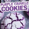 A close-up collage of purple crinkle cookies. The top section displays cookies on a parchment-lined tray, and the bottom focuses on a detailed view of the cracked, powdered sugar surface of the cookies, showcasing their rich purple color. Text reads “Purple Crinkle Cookies.”