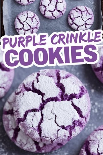 A close-up collage of purple crinkle cookies. The top section displays cookies on a parchment-lined tray, and the bottom focuses on a detailed view of the cracked, powdered sugar surface of the cookies, showcasing their rich purple color. Text reads “Purple Crinkle Cookies.”