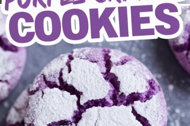 A close-up collage of purple crinkle cookies. The top section displays cookies on a parchment-lined tray, and the bottom focuses on a detailed view of the cracked, powdered sugar surface of the cookies, showcasing their rich purple color. Text reads “Purple Crinkle Cookies.”