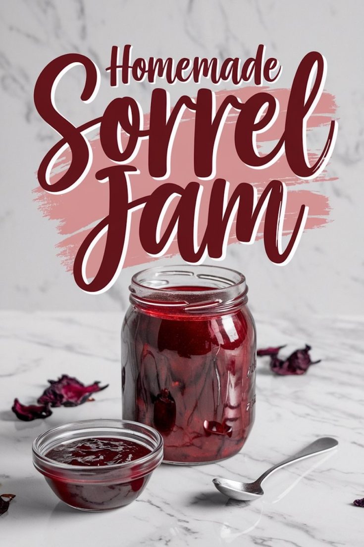 A large mason jar filled with vibrant red homemade sorrel jam placed on a white marble surface. A smaller bowl filled with the same jam sits beside it, along with a silver spoon. Dried sorrel petals are scattered decoratively in the background. Text overlay reads “Homemade Sorrel Jam” in bold, elegant script.