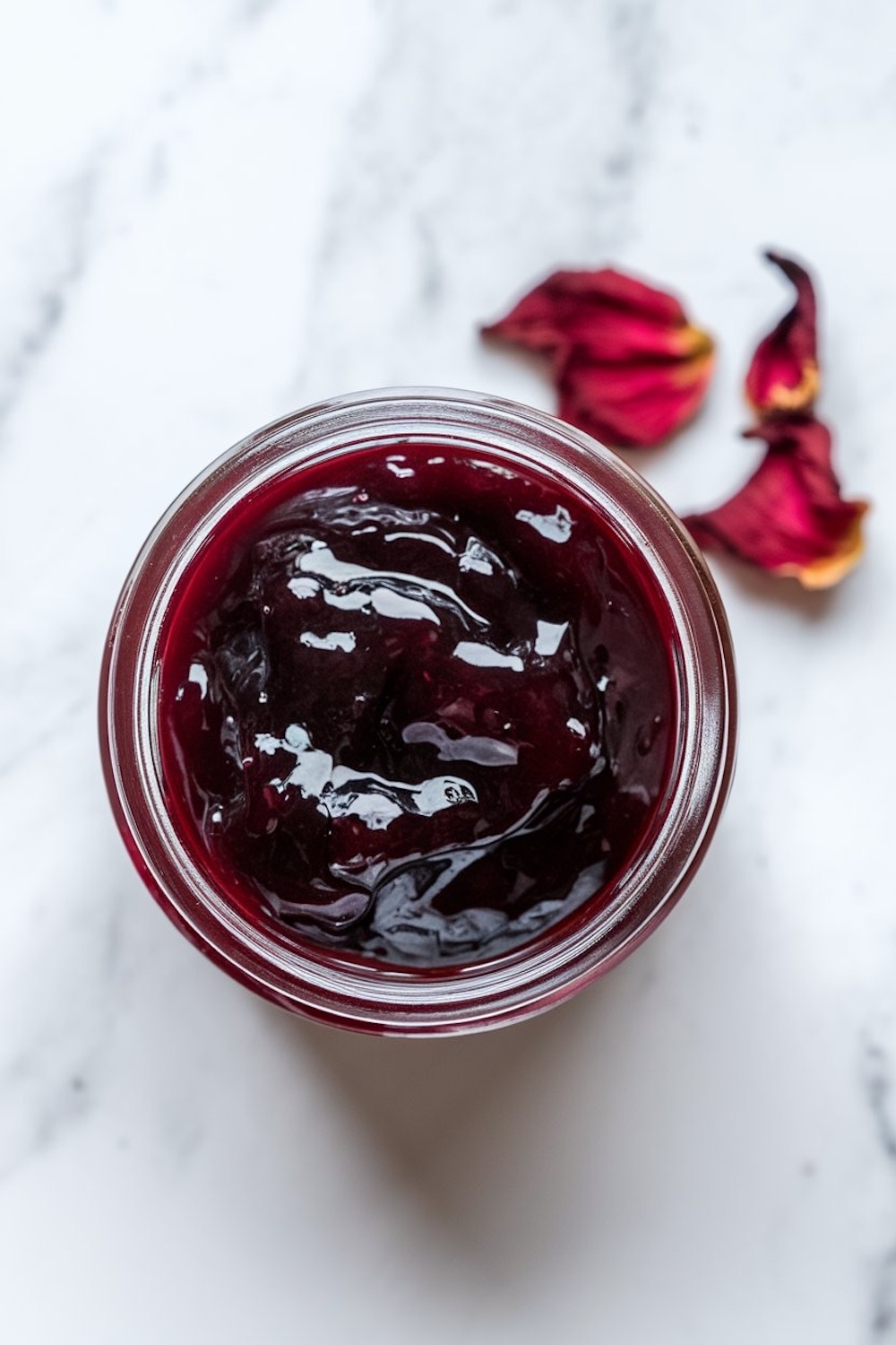 Close-up of a glass jar filled with thick, glossy sorrel jam, showing its rich, deep red color and luscious texture. The jar is placed on a marble surface with scattered dried sorrel petals nearby, emphasizing the homemade and natural ingredients used in the recipe.