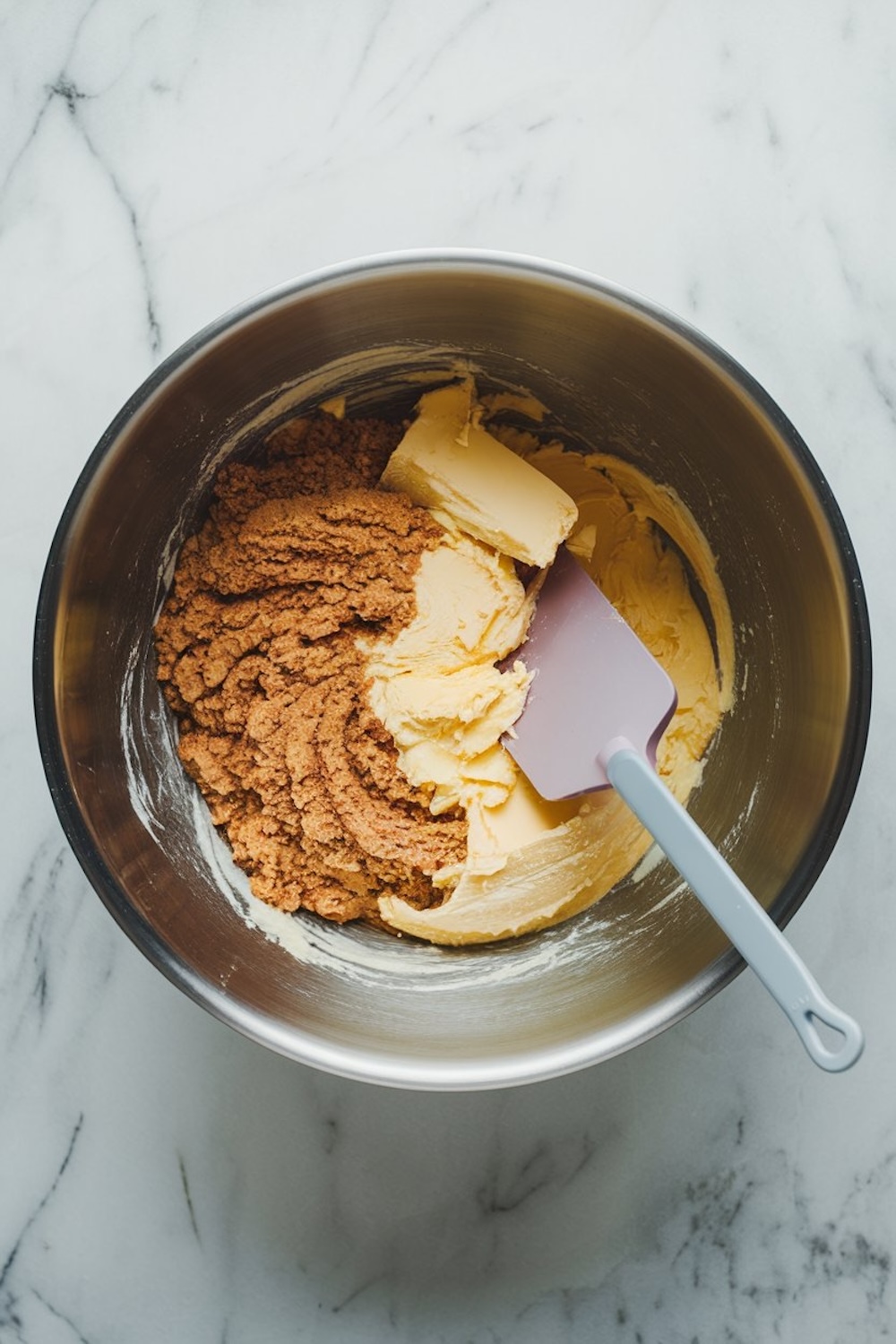 Mixing bowl with softened butter and brown sugar being combined using a spatula. The ingredients are partially blended, forming a creamy texture.