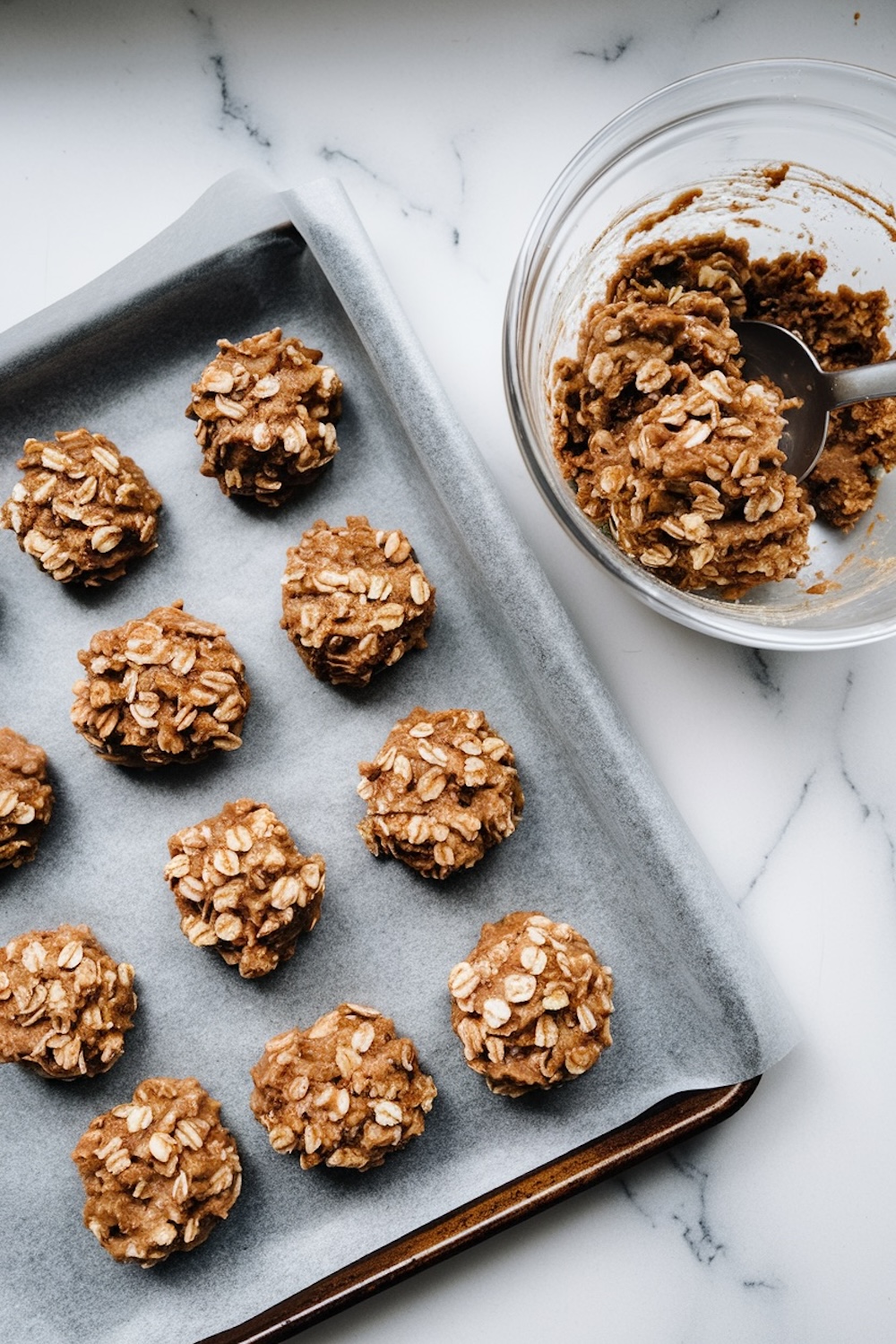 Raw oatmeal cookie dough formed into balls placed on a parchment-lined baking sheet. A mixing bowl with additional dough and a spoon is visible in the background.