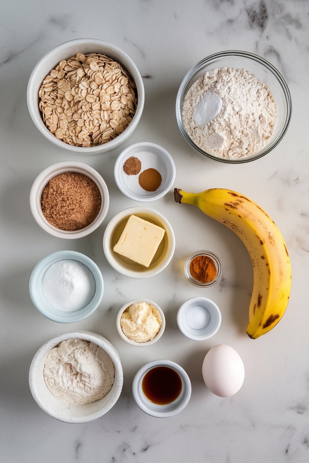 Flat lay of ingredients for spiced banana oatmeal cookies. Includes rolled oats, flour, brown sugar, granulated sugar, butter, a ripe banana, an egg, cinnamon, nutmeg, vanilla extract, baking soda, salt, and powdered milk, all neatly arranged in bowls on a marble surface.