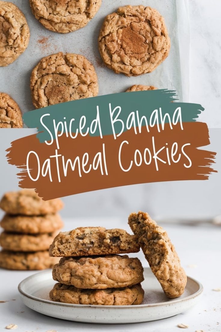 A plate of spiced banana oatmeal cookies stacked with one broken cookie leaning against the stack, showing the soft and moist interior. The background includes blurred stacks of cookies for added depth.