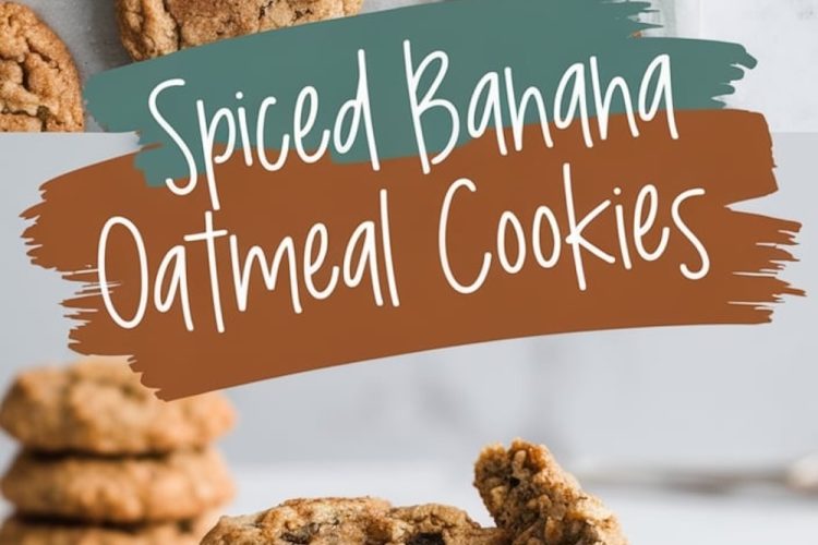 A plate of spiced banana oatmeal cookies stacked with one broken cookie leaning against the stack, showing the soft and moist interior. The background includes blurred stacks of cookies for added depth.