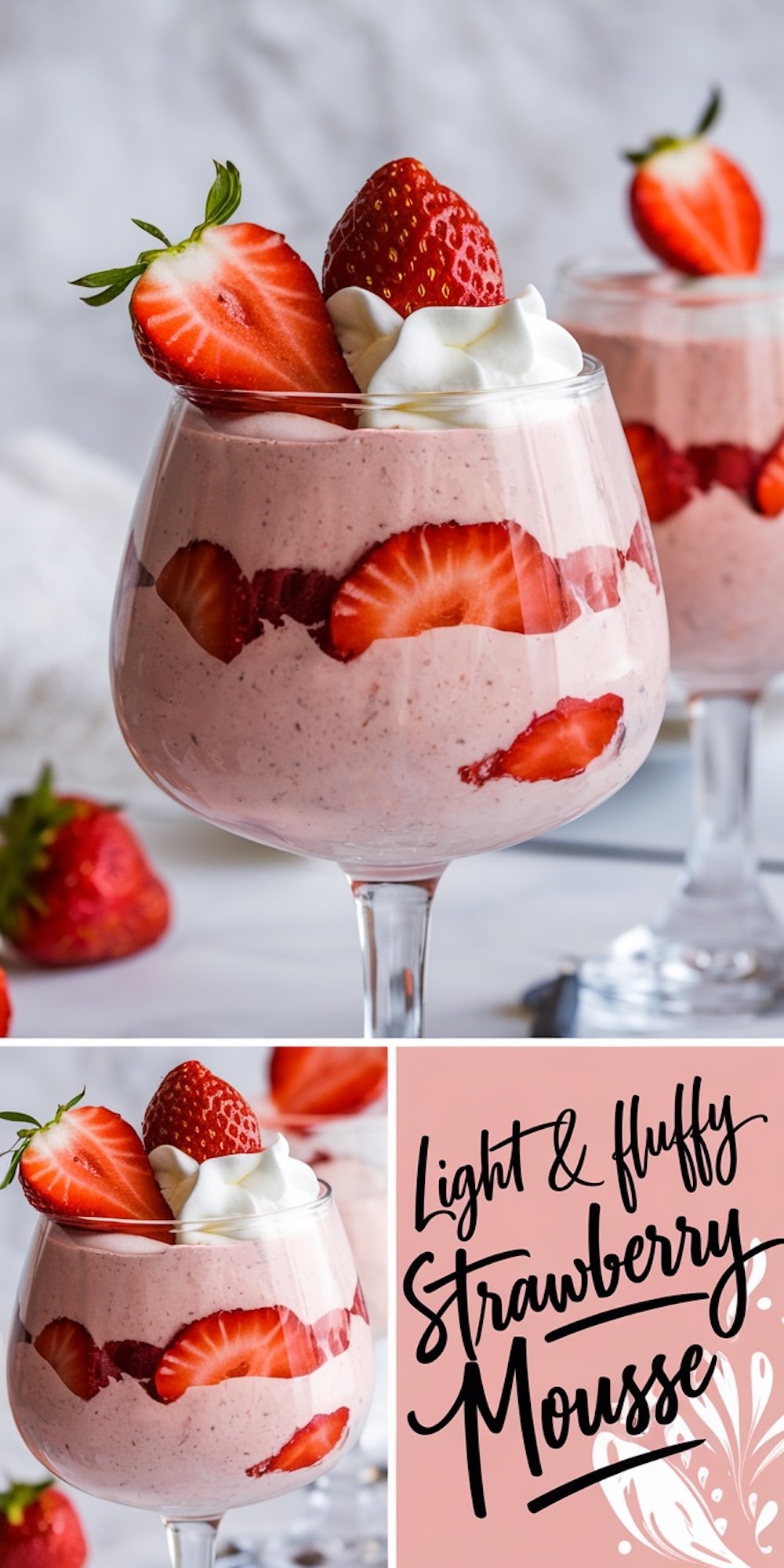 A collage showing light and fluffy strawberry mousse in goblet glasses, layered with fresh strawberry slices and topped with whipped cream and whole strawberries. The bottom section highlights the dessert with text reading “Light & Fluffy Strawberry Mousse” in a decorative font.