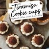A collage displaying tiramisu cookie cups with creamy layers, cocoa-dusted tops, and intricate details of the dessert cups arranged on a parchment-lined tray.
