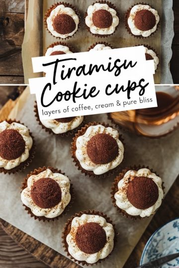 A collage displaying tiramisu cookie cups with creamy layers, cocoa-dusted tops, and intricate details of the dessert cups arranged on a parchment-lined tray.