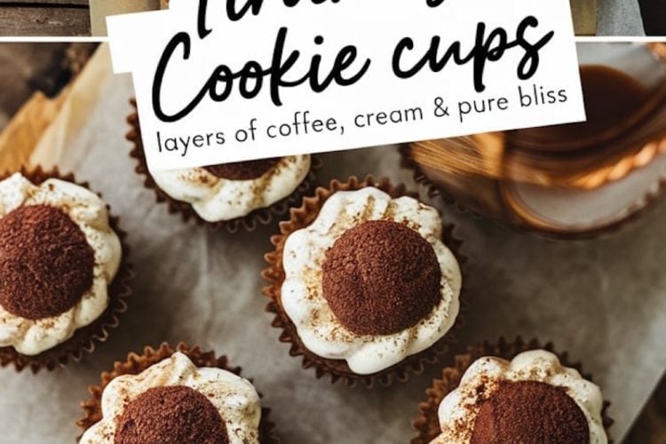 A collage displaying tiramisu cookie cups with creamy layers, cocoa-dusted tops, and intricate details of the dessert cups arranged on a parchment-lined tray.