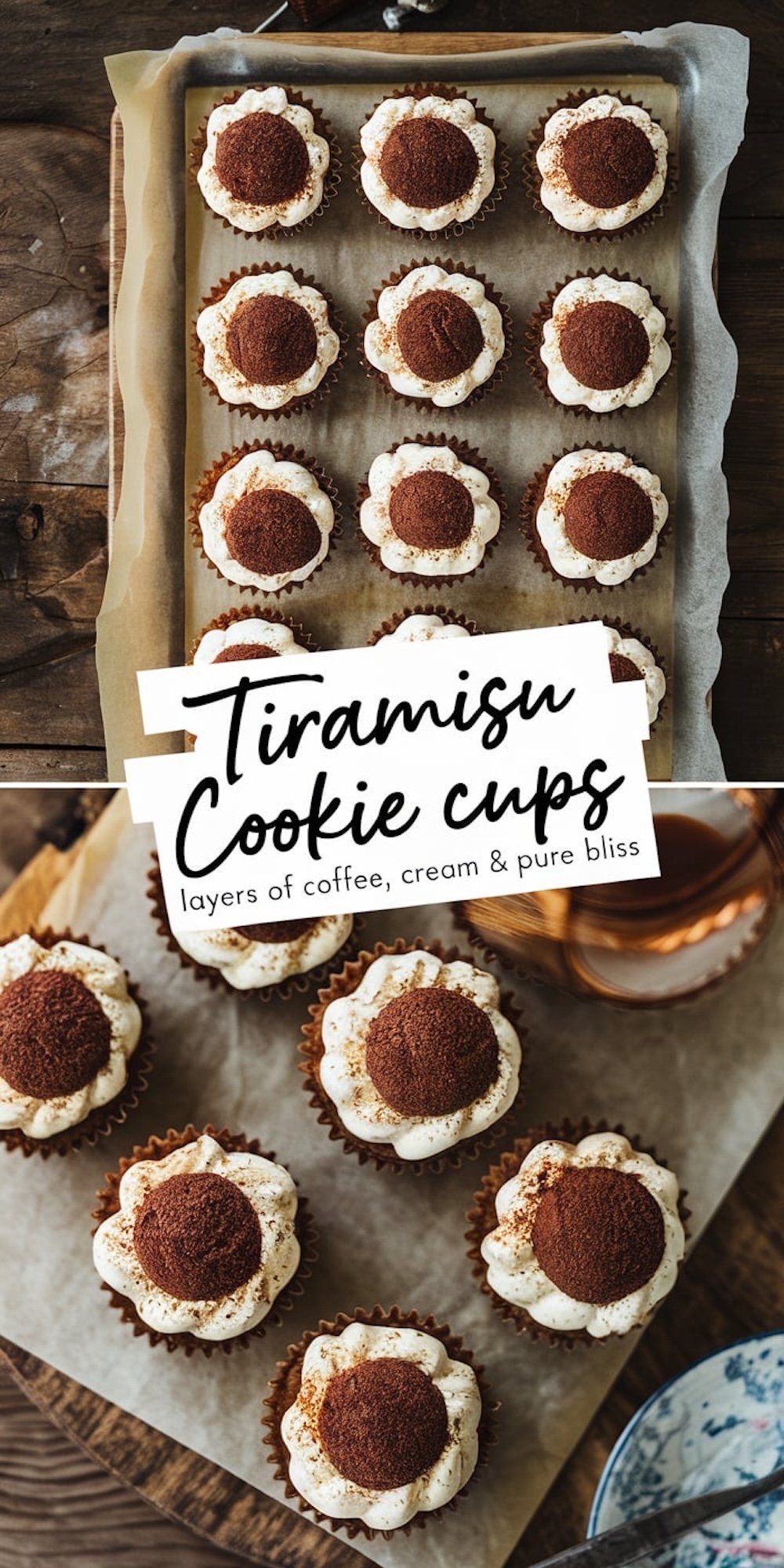  A collage of tiramisu cookie cups displayed on a wooden surface and baking tray, featuring close-up views of creamy mascarpone frosting, cocoa dusting, and rich coffee flavors in bite-sized dessert cups.