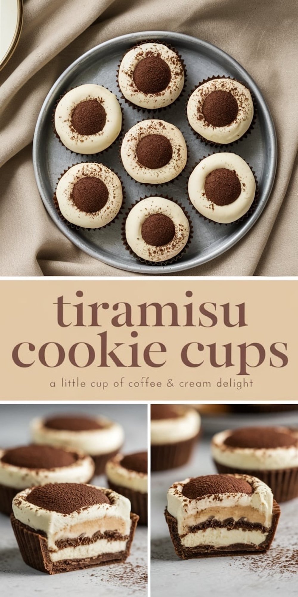 A collage showing tiramisu cookie cups arranged on a round tray with a creamy mascarpone topping and cocoa garnish, alongside sliced views revealing layers of chocolate crust and coffee-infused filling.