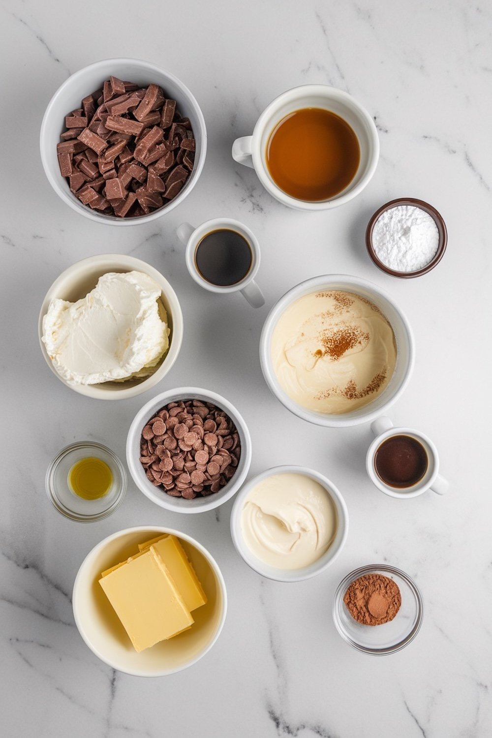 An overhead view of all the ingredients for tiramisu cookie cups arranged on a marble countertop. Includes chocolate, espresso, mascarpone, cream, butter, cocoa powder, and powdered sugar in separate bowls.