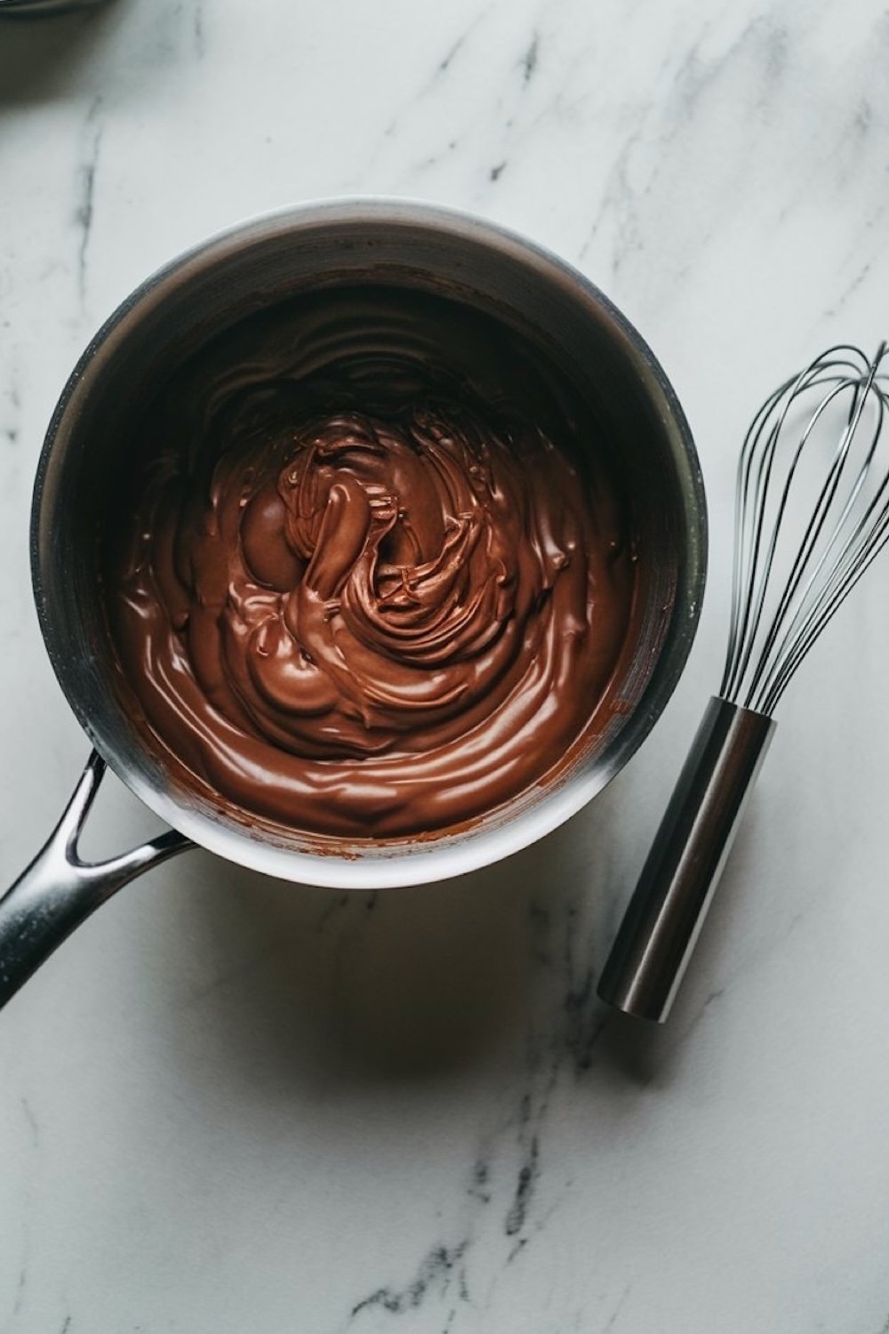 A saucepan with melted chocolate, featuring a glossy texture and a whisk placed beside it, captured on a marble surface.