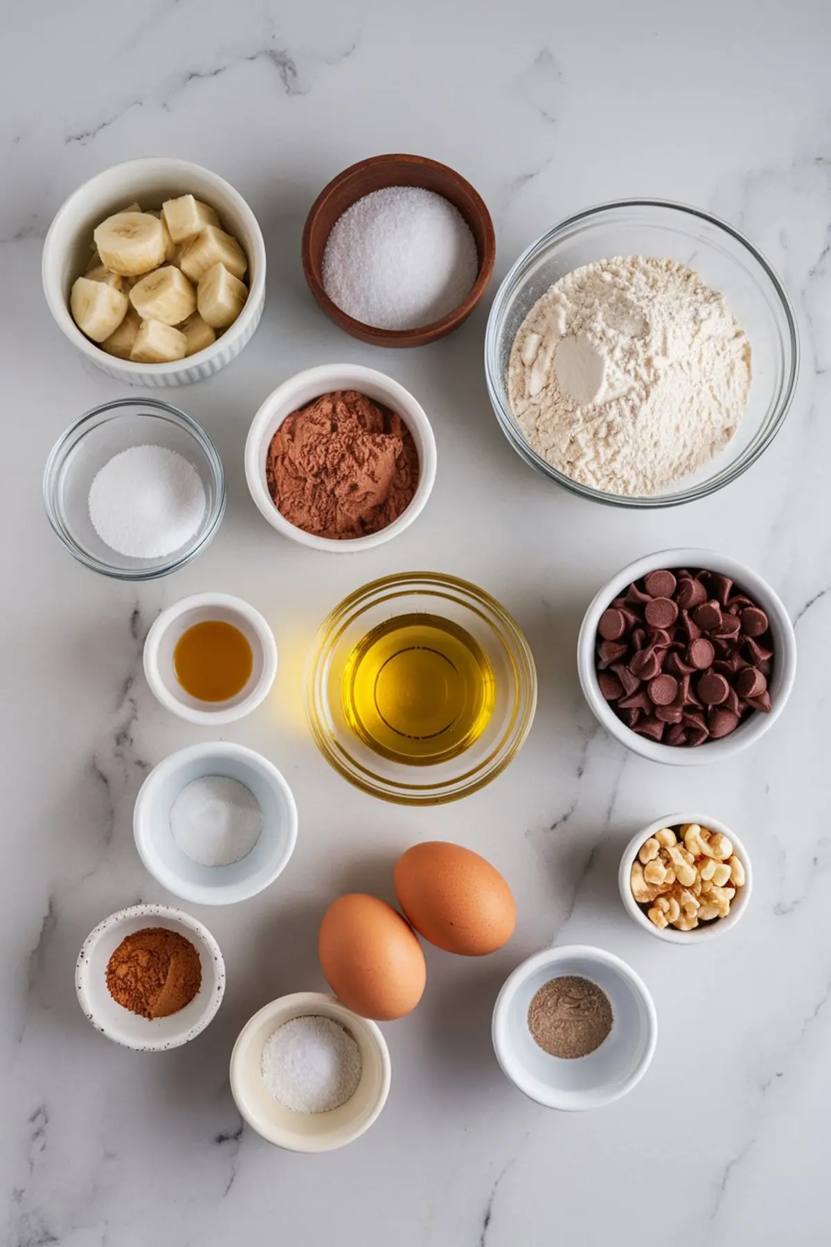 A flat lay of baking ingredients for triple chocolate banana bread on a marble surface. Ingredients include sliced bananas, flour, cocoa powder, chocolate chips, eggs, oil, sugar, vanilla, and spices arranged in small bowls.