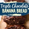 A close-up of sliced triple chocolate banana bread with a rich chocolate topping. The moist texture with chocolate chips and nuts is visible. A blue label with bold yellow text highlights the recipe name.