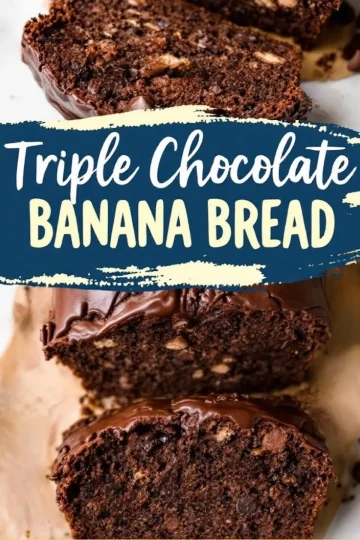 A close-up of sliced triple chocolate banana bread with a rich chocolate topping. The moist texture with chocolate chips and nuts is visible. A blue label with bold yellow text highlights the recipe name.