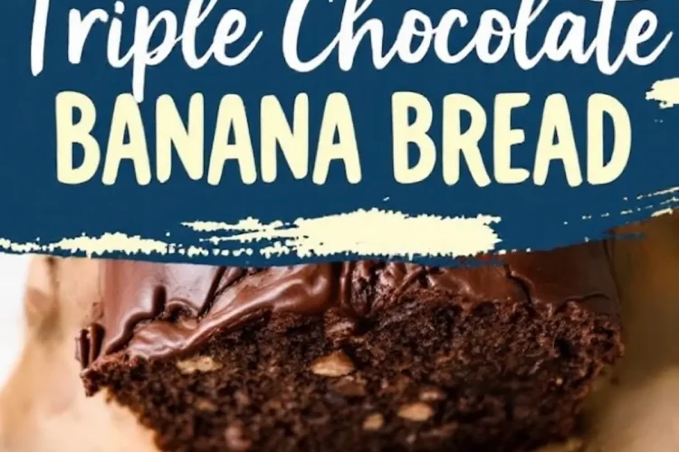 A close-up of sliced triple chocolate banana bread with a rich chocolate topping. The moist texture with chocolate chips and nuts is visible. A blue label with bold yellow text highlights the recipe name.