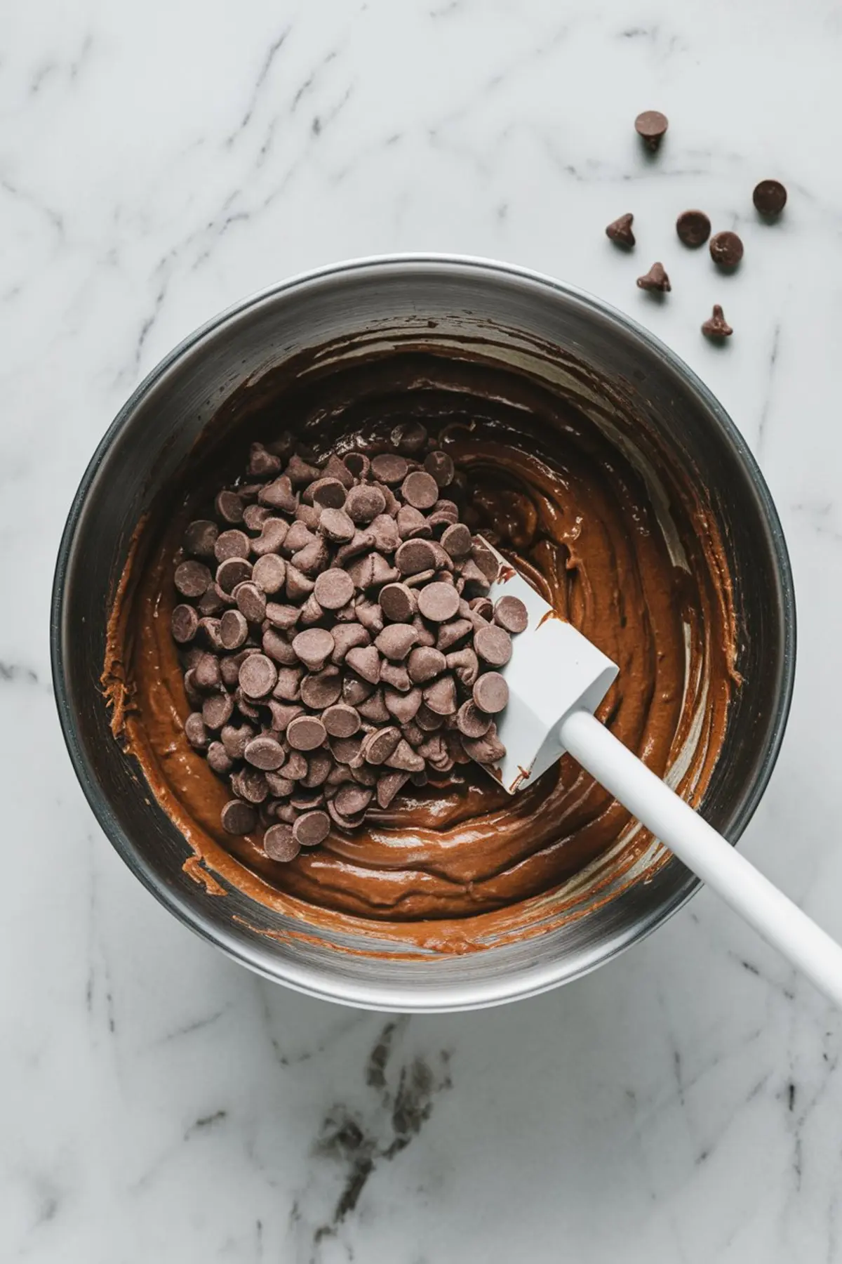 A stainless steel mixing bowl with chocolate banana bread batter. A spatula is folding in a generous amount of chocolate chips, with a few scattered on the marble surface.
