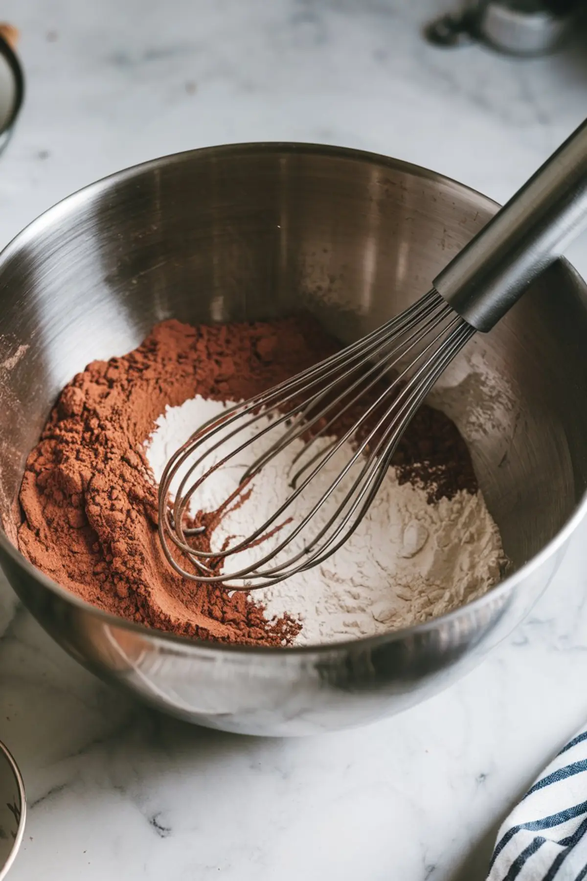 A metal mixing bowl containing flour and cocoa powder being whisked together. The stainless steel whisk is partially submerged in the dry ingredients, preparing the base for chocolate banana bread batter.
