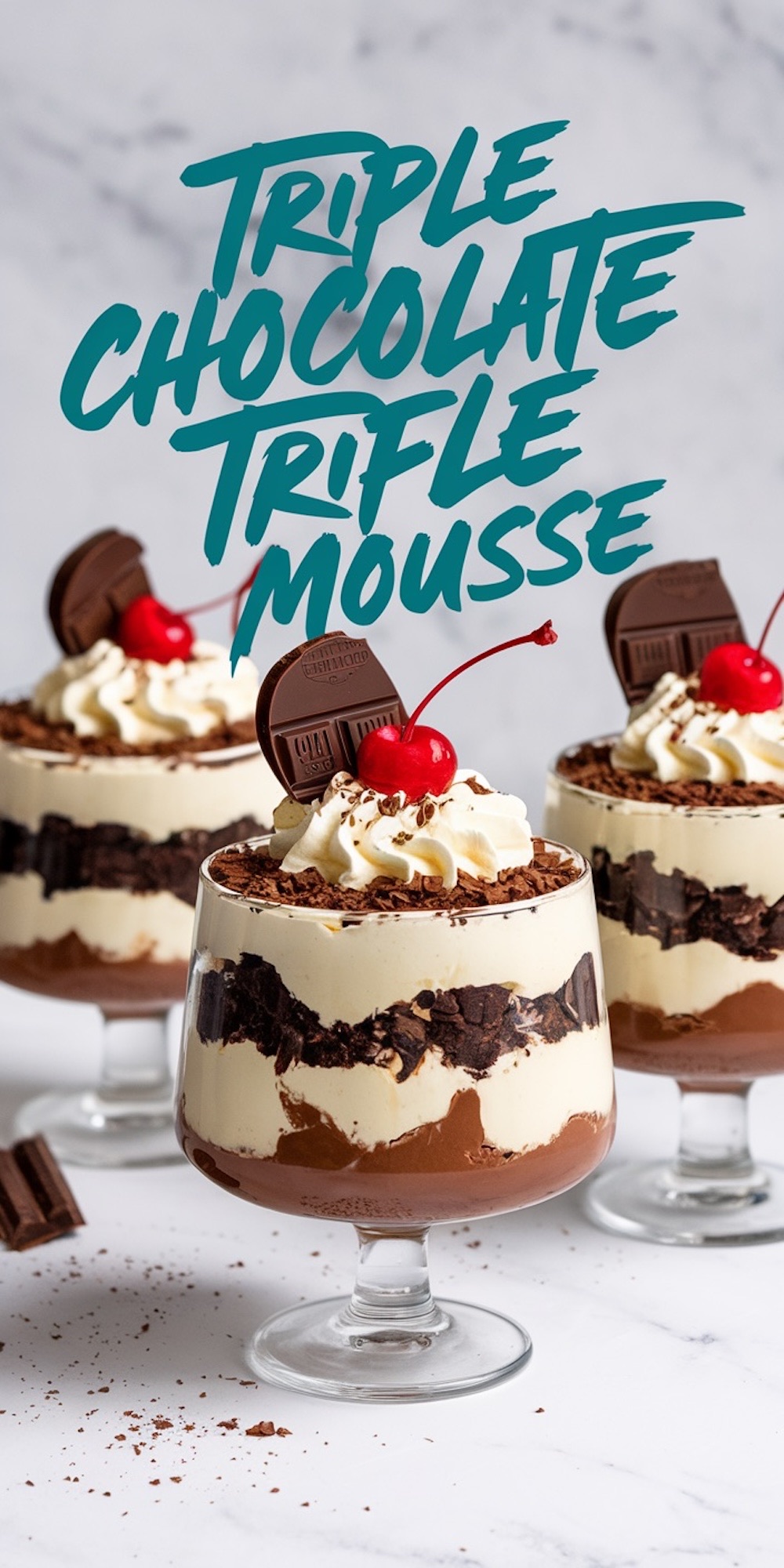 A collage showcasing triple chocolate trifle mousse layered in glass cups. This decadent dessert features creamy chocolate mousse, fluffy whipped cream, rich chocolate shavings, and a bright red cherry on top. A luxurious dessert idea for anyone exploring chocolate mousse recipes.