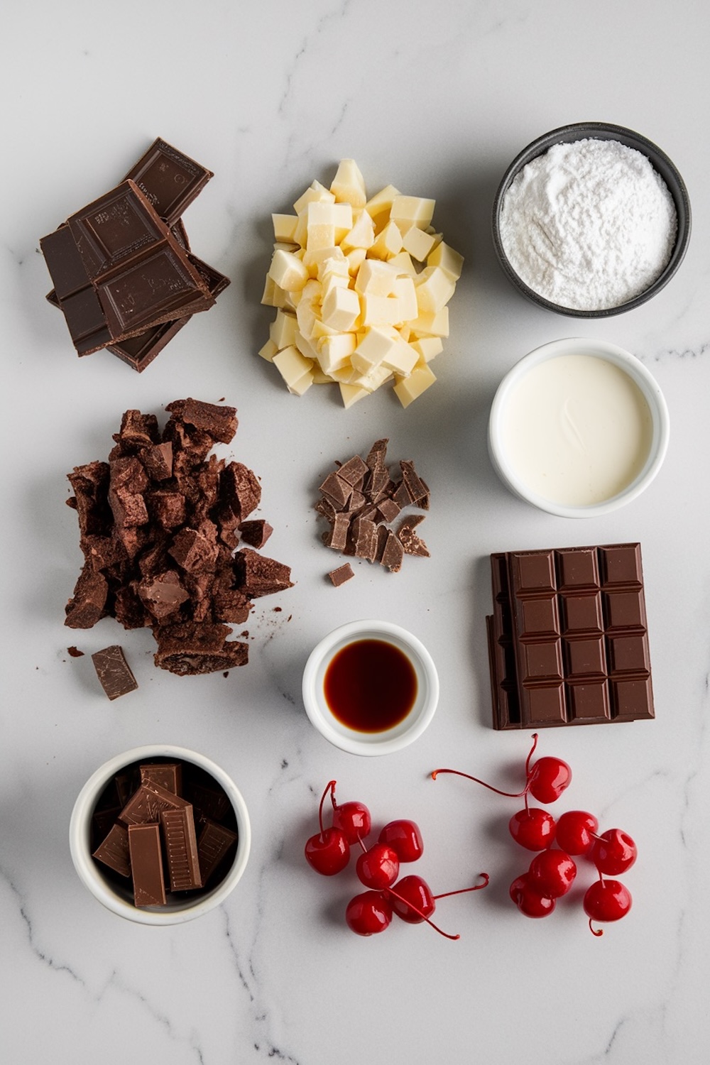 Flat lay of ingredients for triple chocolate mousse, including dark chocolate bars, white chocolate chunks, powdered sugar, cream, brownies, milk chocolate pieces, vanilla extract, and fresh maraschino cherries, arranged neatly on a marble surface.