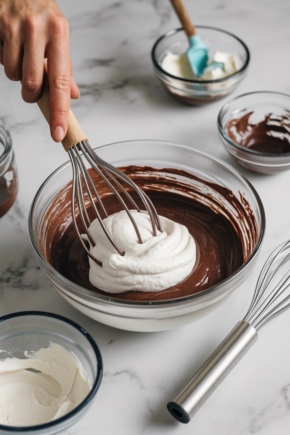 Mixing process for chocolate mousse: a bowl of smooth melted chocolate being folded with whipped cream using a whisk. Additional bowls of whipped cream and melted chocolate are in the background, set on a marble countertop.