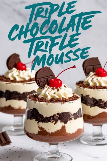 A trio of decadent triple chocolate mousse trifles served in glass cups, layered with chocolate mousse, whipped cream, and chocolate shavings. Each is topped with whipped cream, a chocolate square, and a maraschino cherry. Text overlay reads “Triple Chocolate Trifle Mousse” in bold turquoise lettering.