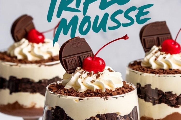 A trio of decadent triple chocolate mousse trifles served in glass cups, layered with chocolate mousse, whipped cream, and chocolate shavings. Each is topped with whipped cream, a chocolate square, and a maraschino cherry. Text overlay reads “Triple Chocolate Trifle Mousse” in bold turquoise lettering.