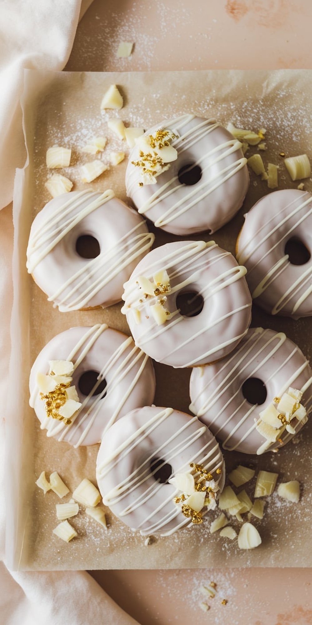 A tray of white chocolate donuts drizzled with white chocolate glaze, garnished with white chocolate shavings and small edible gold accents, on parchment paper dusted with powdered sugar.
