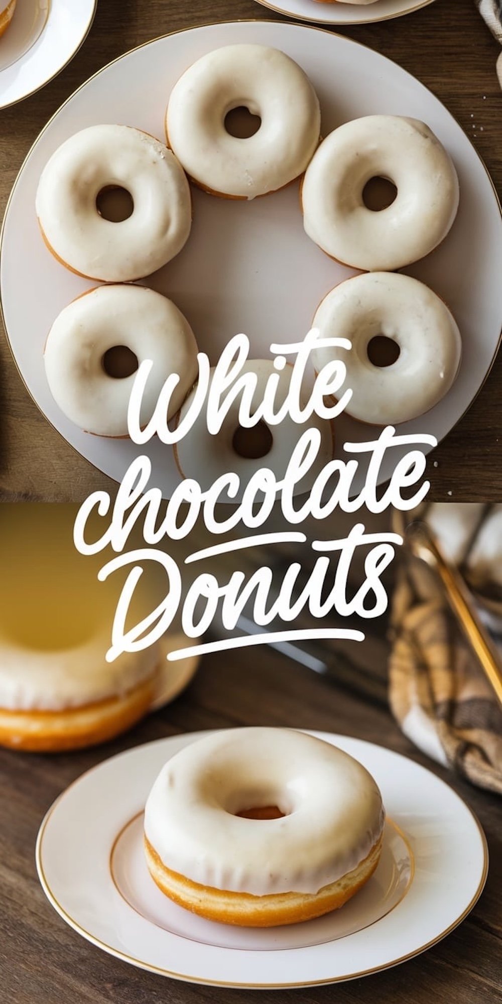 A collage of white chocolate donuts, showing six donuts on a large white plate and a close-up of a single donut on a white plate with a gold rim, with the text “White chocolate Donuts” prominently displayed.