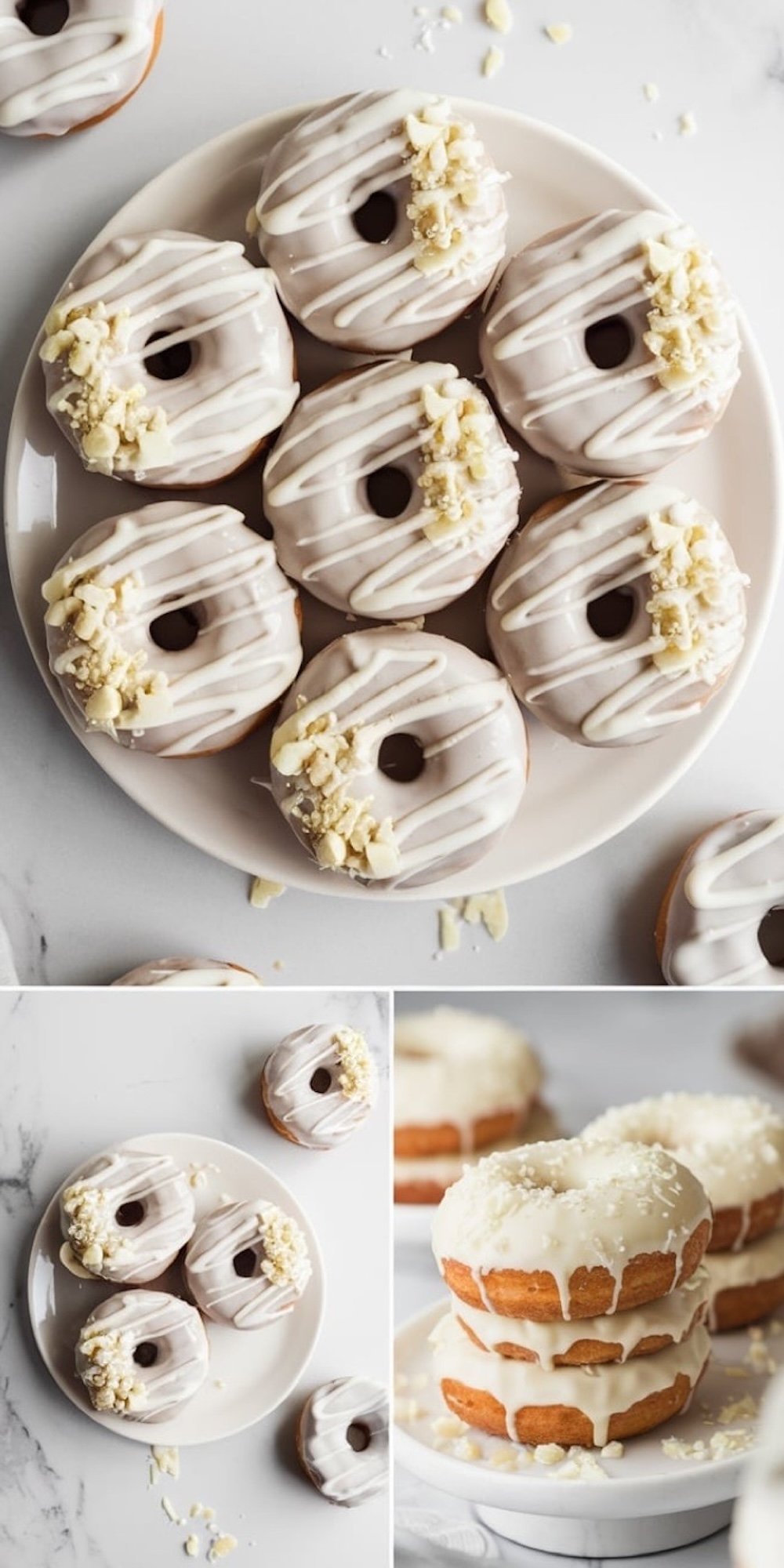 A collage featuring white chocolate donuts in three perspectives: the top section displays a plate of donuts drizzled with white chocolate glaze and garnished with white chocolate shavings; the bottom-left section shows a zoomed-out view of the plate with scattered toppings; and the bottom-right section highlights a stack of donuts on a white cake stand, showcasing their glossy glaze and decorative white chocolate flakes.