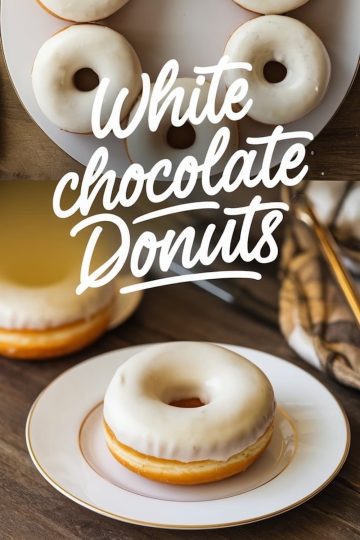 A collage of white chocolate donuts, featuring a plate with three donuts on a wooden table and one donut served on a white plate with a gold rim. The text “White chocolate Donuts” is prominently displayed.