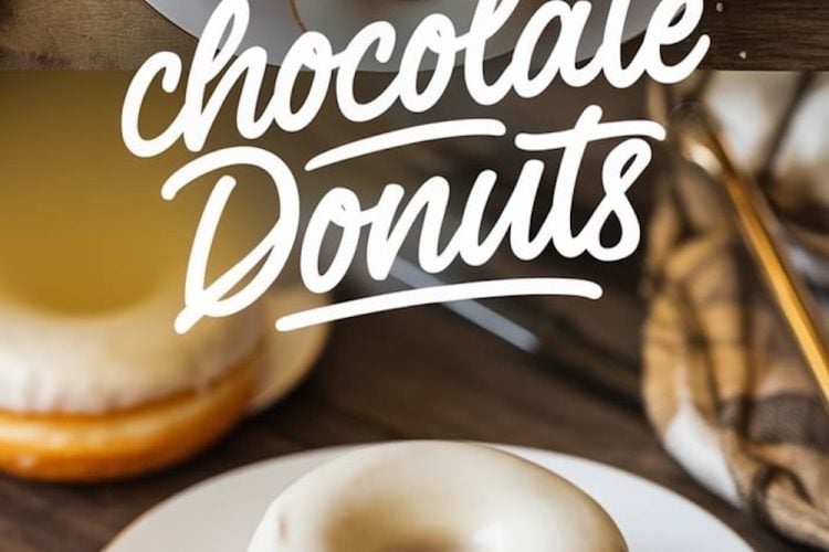 A collage of white chocolate donuts, featuring a plate with three donuts on a wooden table and one donut served on a white plate with a gold rim. The text “White chocolate Donuts” is prominently displayed.