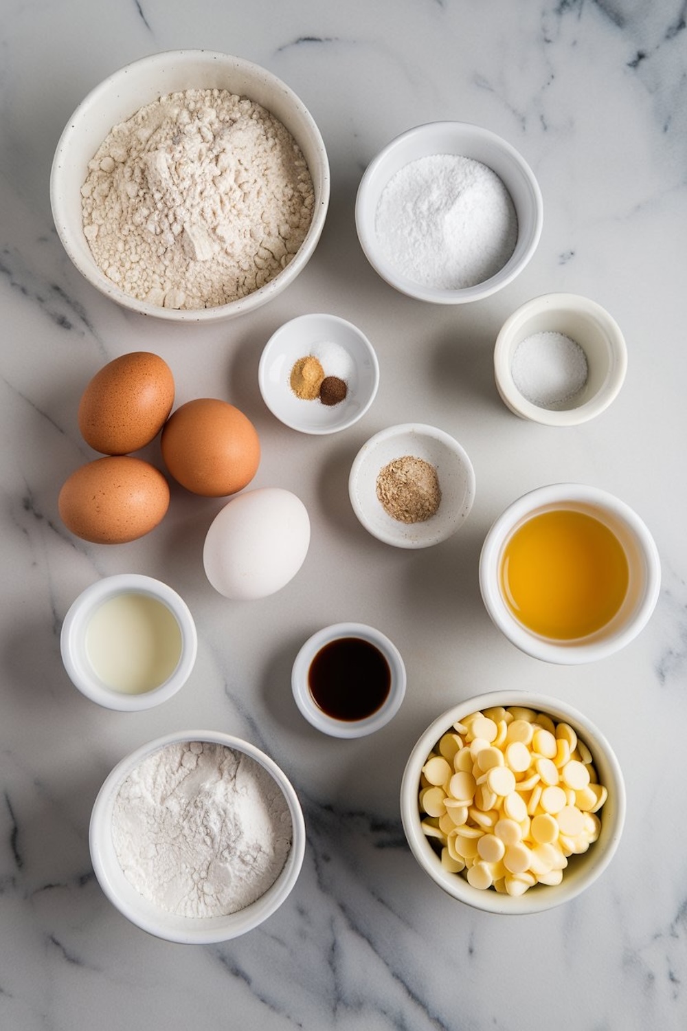 An assortment of baking ingredients, including bowls of flour, sugar, white chocolate chips, spices, eggs, milk, vanilla extract, and oil, arranged neatly on a white marble surface.