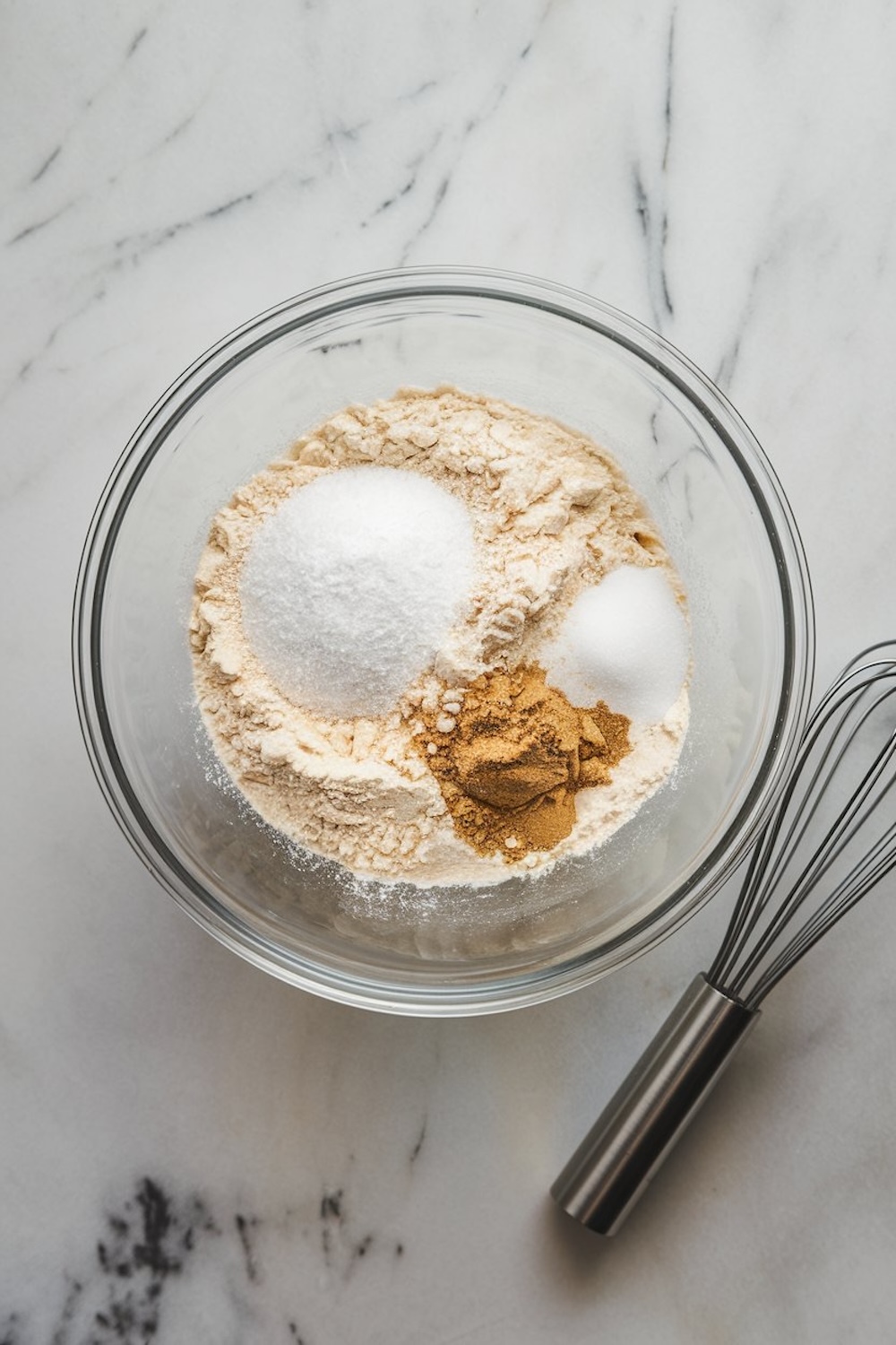 A glass mixing bowl containing dry ingredients, including flour, sugar, salt, and ground spices, with a metal whisk on a white marble surface.