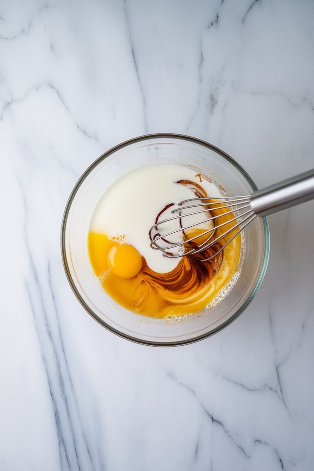 A glass mixing bowl with wet ingredients, including milk, eggs, and vanilla extract, being whisked together, placed on a white marble surface.