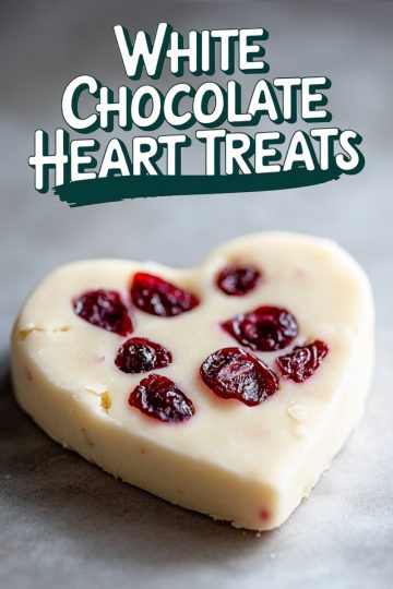 A single heart-shaped white chocolate Valentine’s dessert with dried cranberries, placed on a dark surface. The smooth, creamy chocolate paired with vibrant red cranberries makes this a perfect treat for celebrating love.