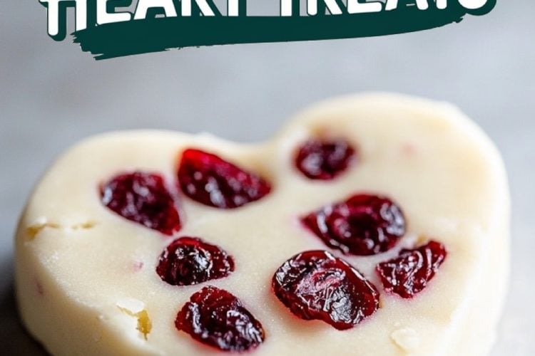 A single heart-shaped white chocolate Valentine’s dessert with dried cranberries, placed on a dark surface. The smooth, creamy chocolate paired with vibrant red cranberries makes this a perfect treat for celebrating love.