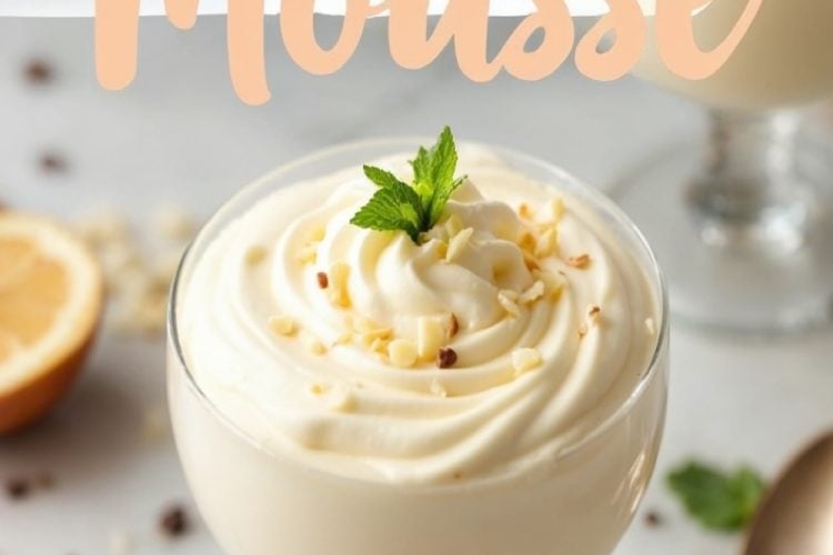 Close-up of a glass of creamy white chocolate mousse, garnished with a sprig of fresh mint and sprinkled with white chocolate bits. The text overlay reads “White Chocolate Mousse” in soft peach tones. Background elements include a slice of lemon, scattered chocolate chips, and a golden spoon, enhancing the refined setting.