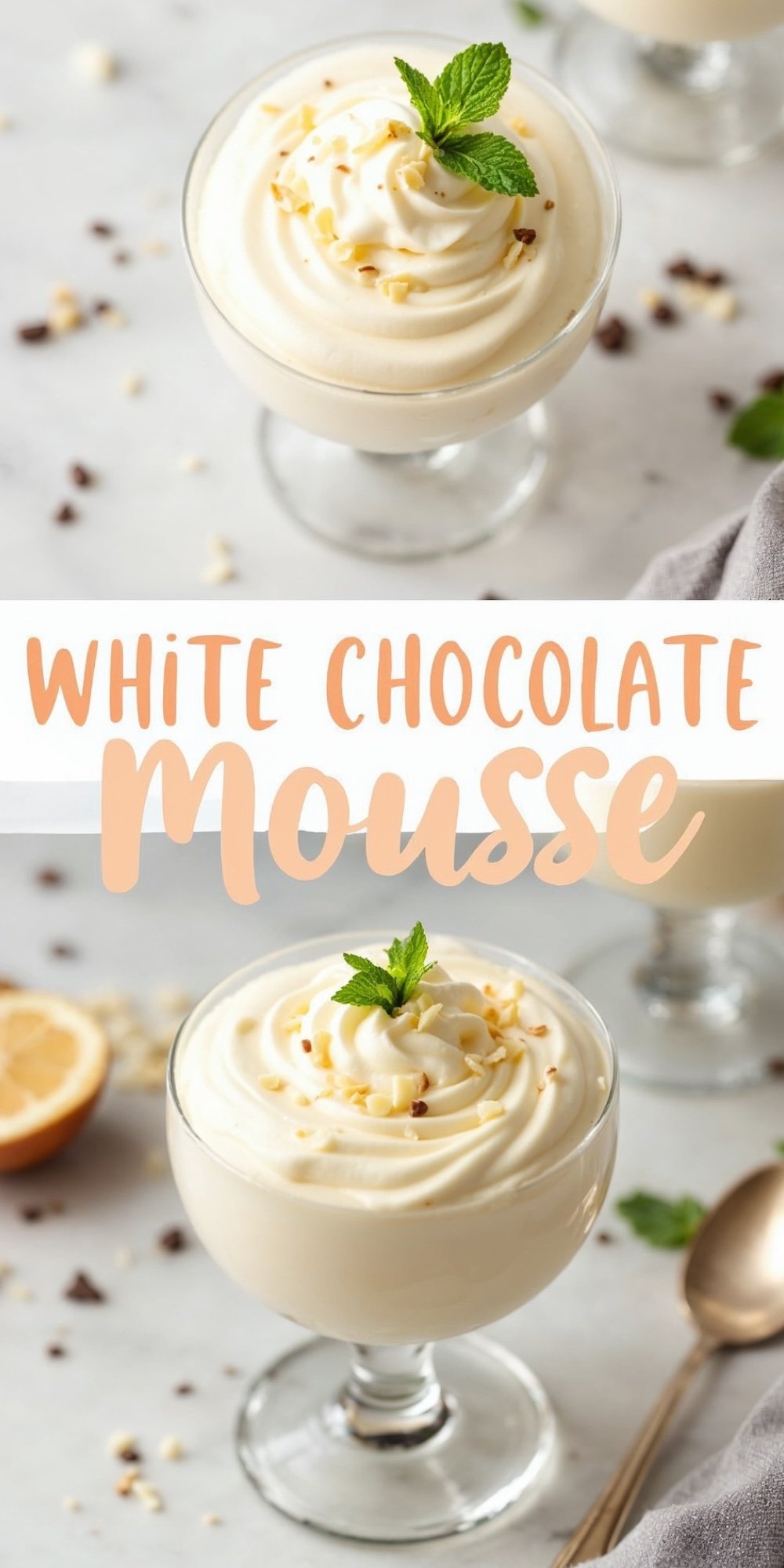 Collage featuring two glasses of white chocolate mousse topped with whipped swirls, chopped white chocolate, and fresh mint leaves. Text overlay reads “White Chocolate Mousse” in peach tones. The background includes scattered chocolate chips and a soft gray napkin for a delicate presentation.